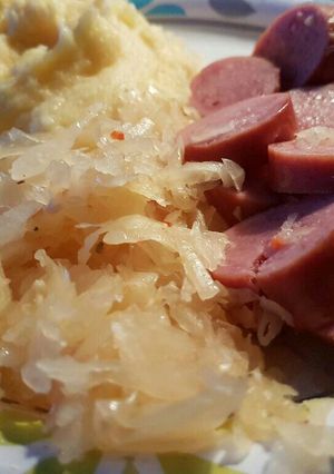 A picture of Sauerkraut and Smoked Sausage.