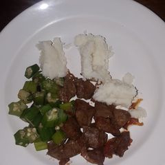 A picture of Fried liver with okra.