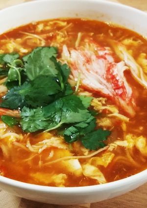 A picture of Chili Crab-Style Spicy Egg Soup Ramen.