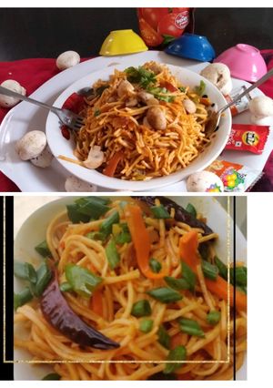 A picture of Mushroom Hakka noodles.
