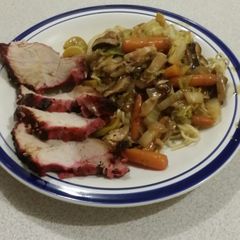 A picture of Brad's char siu (Chinese BBQ pork) w/ chow mein.