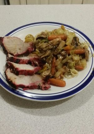 A picture of Brad's char siu (Chinese BBQ pork) w/ chow mein.