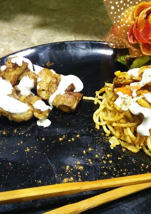 A picture of Chicken creamy stick with spaghetti #ramadan challenge 2nd week.