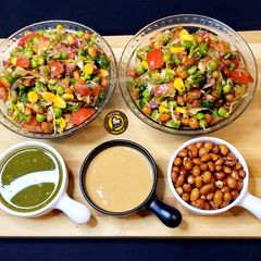Healthy And Proteinaceous Salad With Tahini Paste Dressing A picture of Healthy And Proteinaceous Salad With Tahini Paste Dressing.