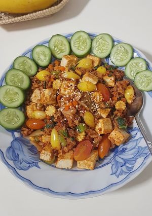 รูปของ ข้าวผัดกิมจิแปะก๊วยเต้าหู้อ่อน (ผัดน้ำ) vegan