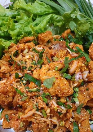 A picture of Crispy Chicken with Spicy Salad.
