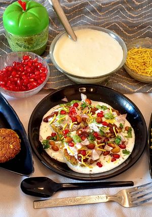 A picture of High protein Paneer Sprouts tikki and Dahi tikki Chaat (healthy starter or snack).