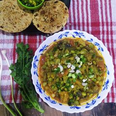 A picture of Brinjal & lilva curry Gujarati style.