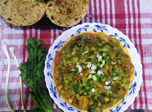 A picture of Brinjal & lilva curry Gujarati style.