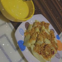 A picture of Yam fingers and egg sauce with custard.