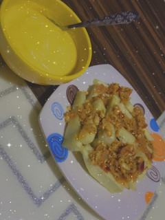 A picture of Yam fingers and egg sauce with custard.