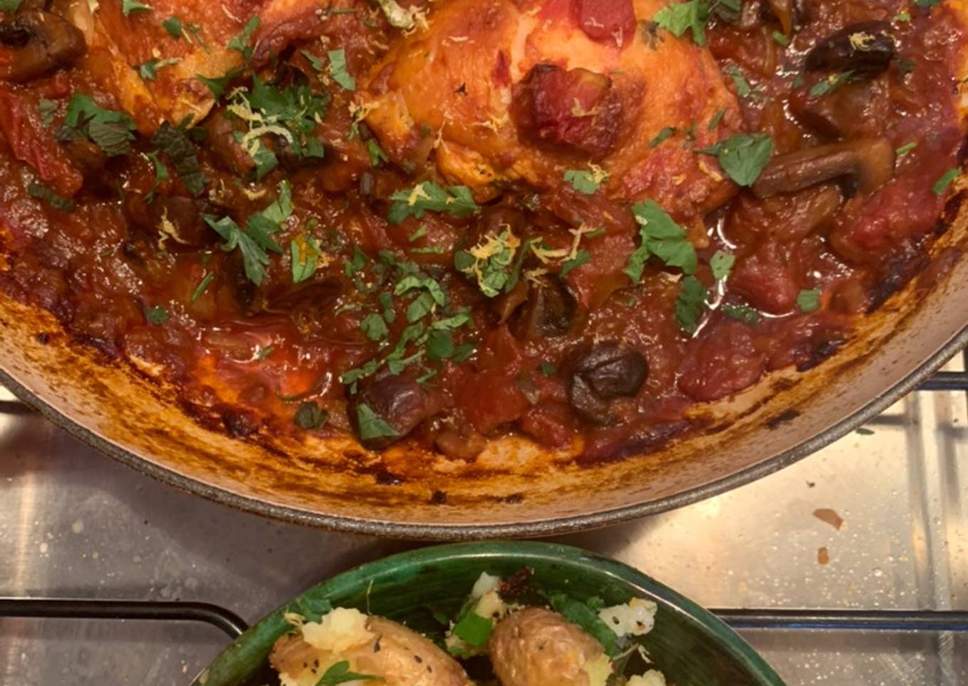 Fall off the bone chicken chasseur with lemon and parsley crushed potatoes