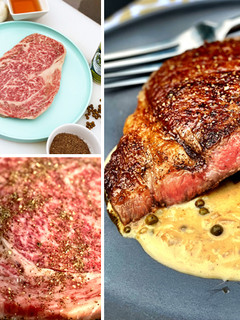A picture of Seared Miyazakigyu Wagyu Strip with Au Poivre Sauce.