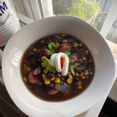 A picture of Black Bean, Corn & Sausage Soup.
