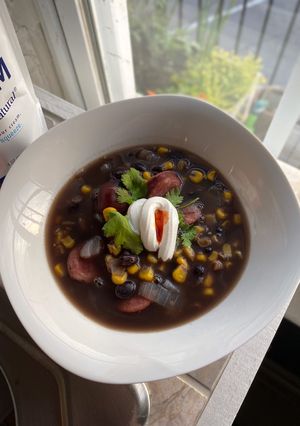 A picture of Black Bean, Corn & Sausage Soup.