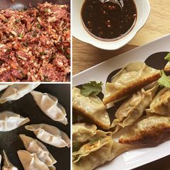 A picture of Wagyu Beef Gyoza with Soy Dipping Sauce.
