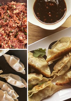 A picture of Wagyu Beef Gyoza with Soy Dipping Sauce.