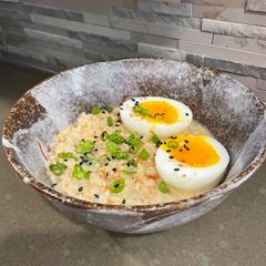 A picture of Savory Oatmeal with Miso and Jammy Eggs.