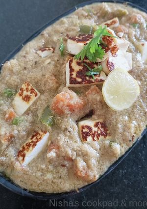 A picture of Vegetable Paneer korma in white gravy.