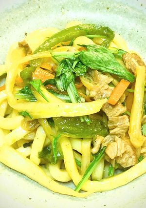 A picture of Yaki Udon with Stir-Fried Napa Cabbage Stems.
