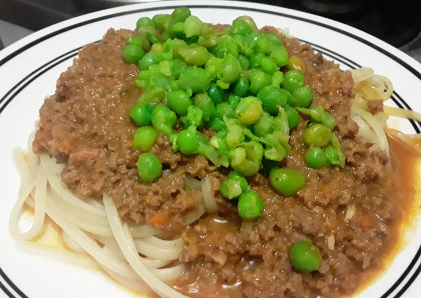 Espaguetis a la Luuu/carne molida y arveja verde馃構馃槉馃槝