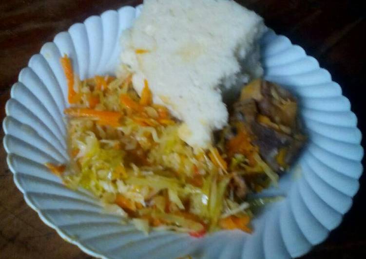 Ugali with fried cabbage and stewed meat
