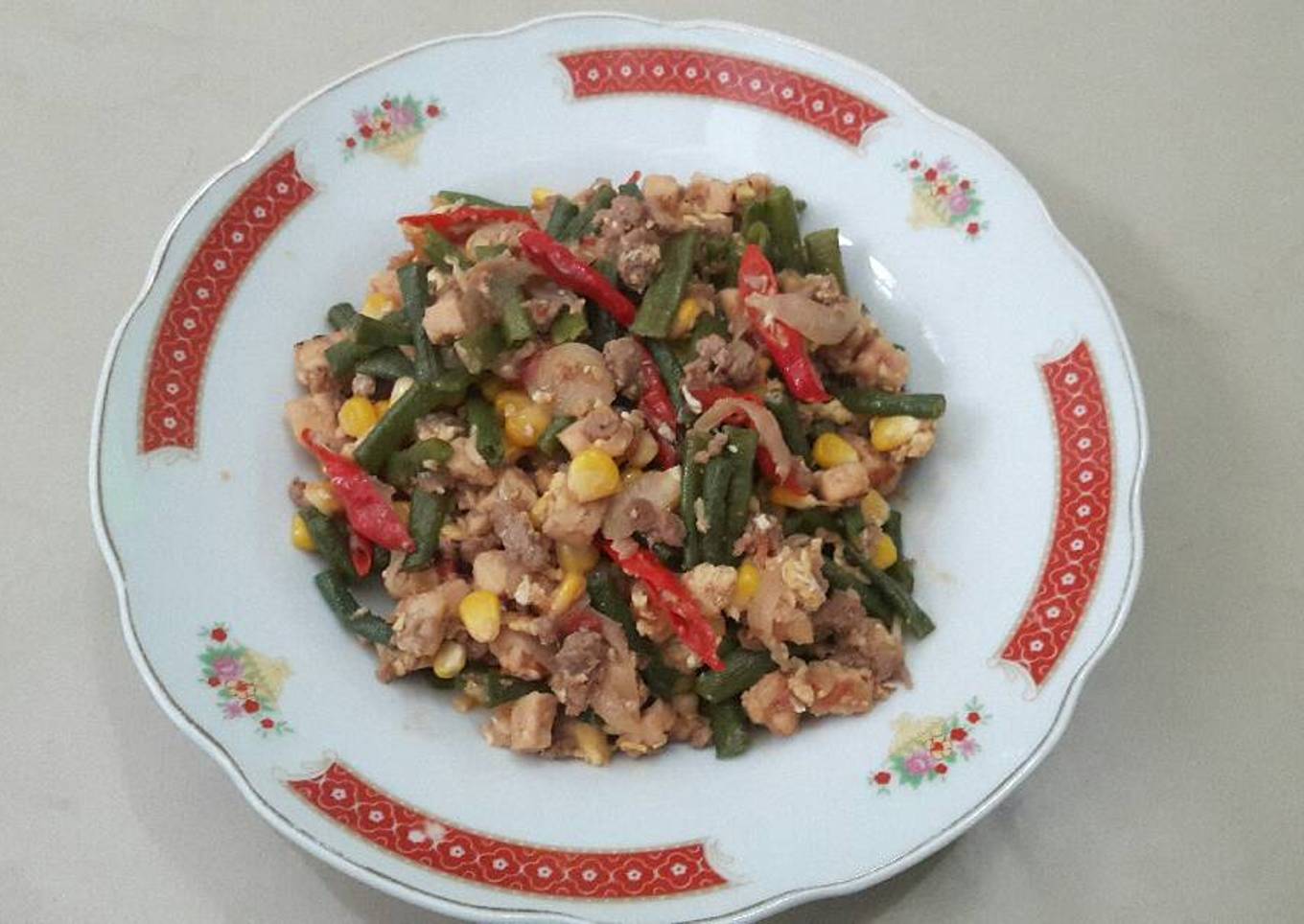 Tumis kacang panjang jagung manis tempe + daging cincang