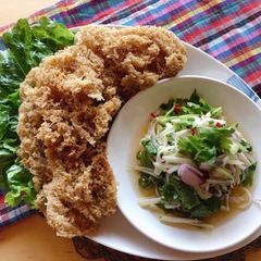 A picture of 🧑🏽‍🍳🧑🏼‍🍳Thai Style Salad • Crispy Fish With Green Mango Salad • Yum Pla Foo |ThaiChef Food.