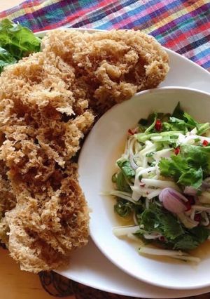 A picture of 🧑🏽‍🍳🧑🏼‍🍳Thai Style Salad • Crispy Fish With Green Mango Salad • Yum Pla Foo |ThaiChef Food.