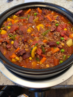 A picture of Beef and kielbasa spicy vegetable stew.