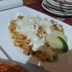 A picture of White sauce pasta with mash ptatos#cookpad pakistan.