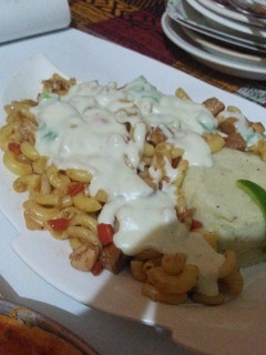 A picture of White sauce pasta with mash ptatos#cookpad pakistan.