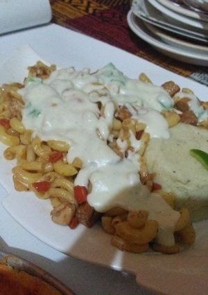 A picture of White sauce pasta with mash ptatos#cookpad pakistan.