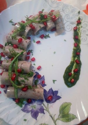 A picture of Navratri special singade flour khandvi.