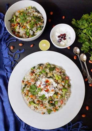 A picture of Sabudana Vegetable Khichdi With Cucumber Pomegranate Raita.