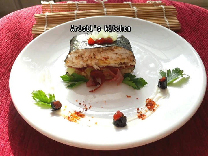 Cara Simple Membikin Resep  Onigirazu isi telur dadar n smoked beef yang Sempurna, Lezat
