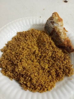 A picture of Fried Sugar Cassava flakes with grilled fish.