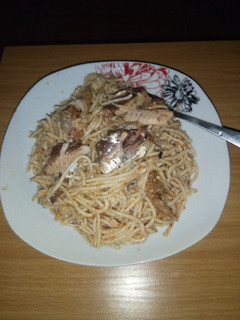 A picture of Spaghetti and sardine.