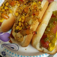 A picture of Hotdogs and Corn Pepper and Cabbage Relish.