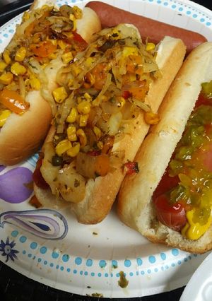 A picture of Hotdogs and Corn Pepper and Cabbage Relish.