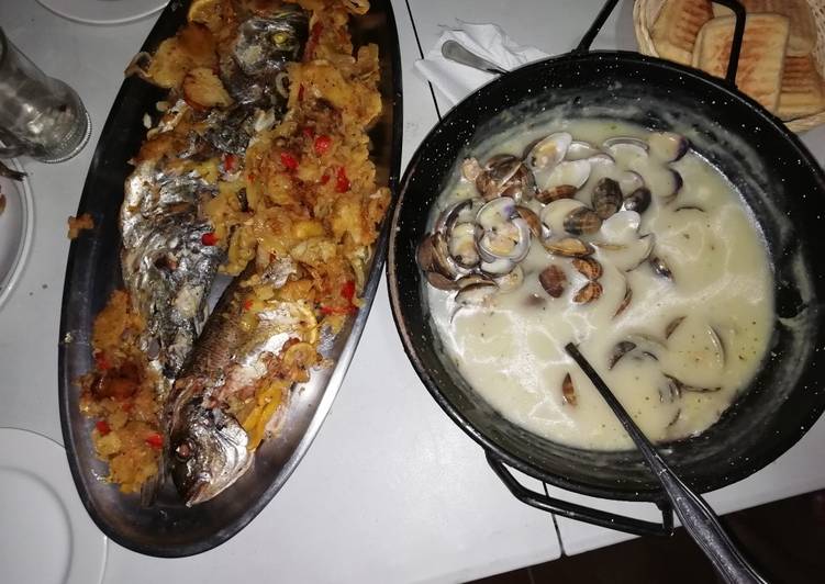 Anchova y dorada al horno con verduras con almejas a la marinera 🐟