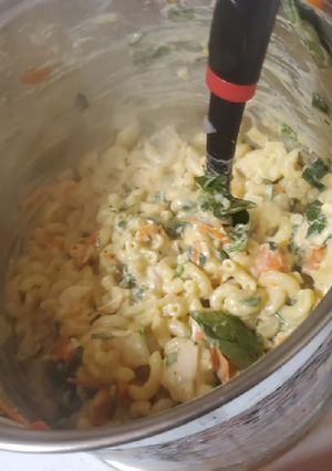 A picture of Cheesy chicken mac and cheese with veggies.