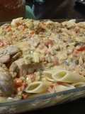 Fideos mostacholi con salsa de mollejas al verdeo con queso crem