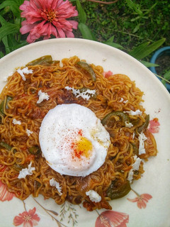 A picture of Vegetable Maggi with Poached Egg.