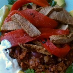 A picture of Vickys Mexican-Style Steak with Refried Beans, GF DF EF SF NF.