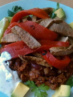 A picture of Vickys Mexican-Style Steak with Refried Beans, GF DF EF SF NF.