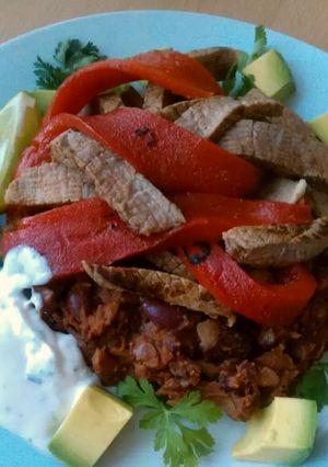 A picture of Vickys Mexican-Style Steak with Refried Beans, GF DF EF SF NF.