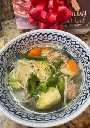 A picture of Brussels Sprouts and Enoki Mushroom Soup.