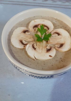 A picture of Cream of Mushroom Soup with Bechamel Sauce.
