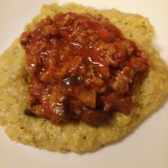 Sausage and porcini ragu with buckwheat polenta A picture of Sausage and porcini ragu with buckwheat polenta.